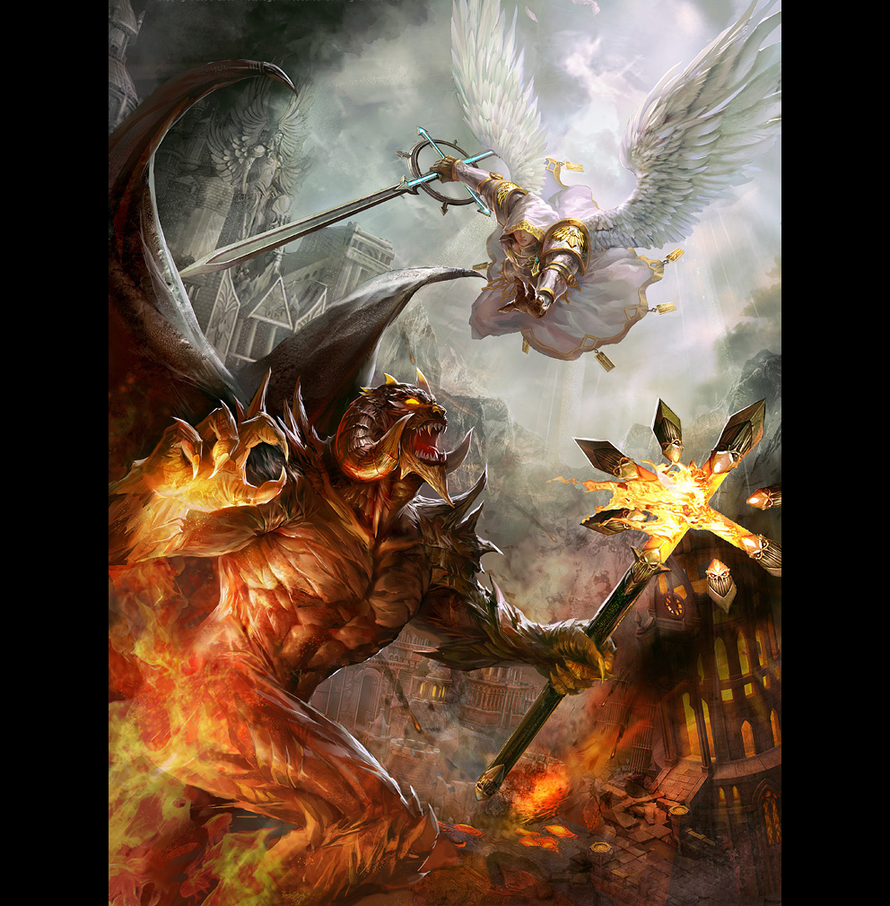 drawings of angels and demons fighting