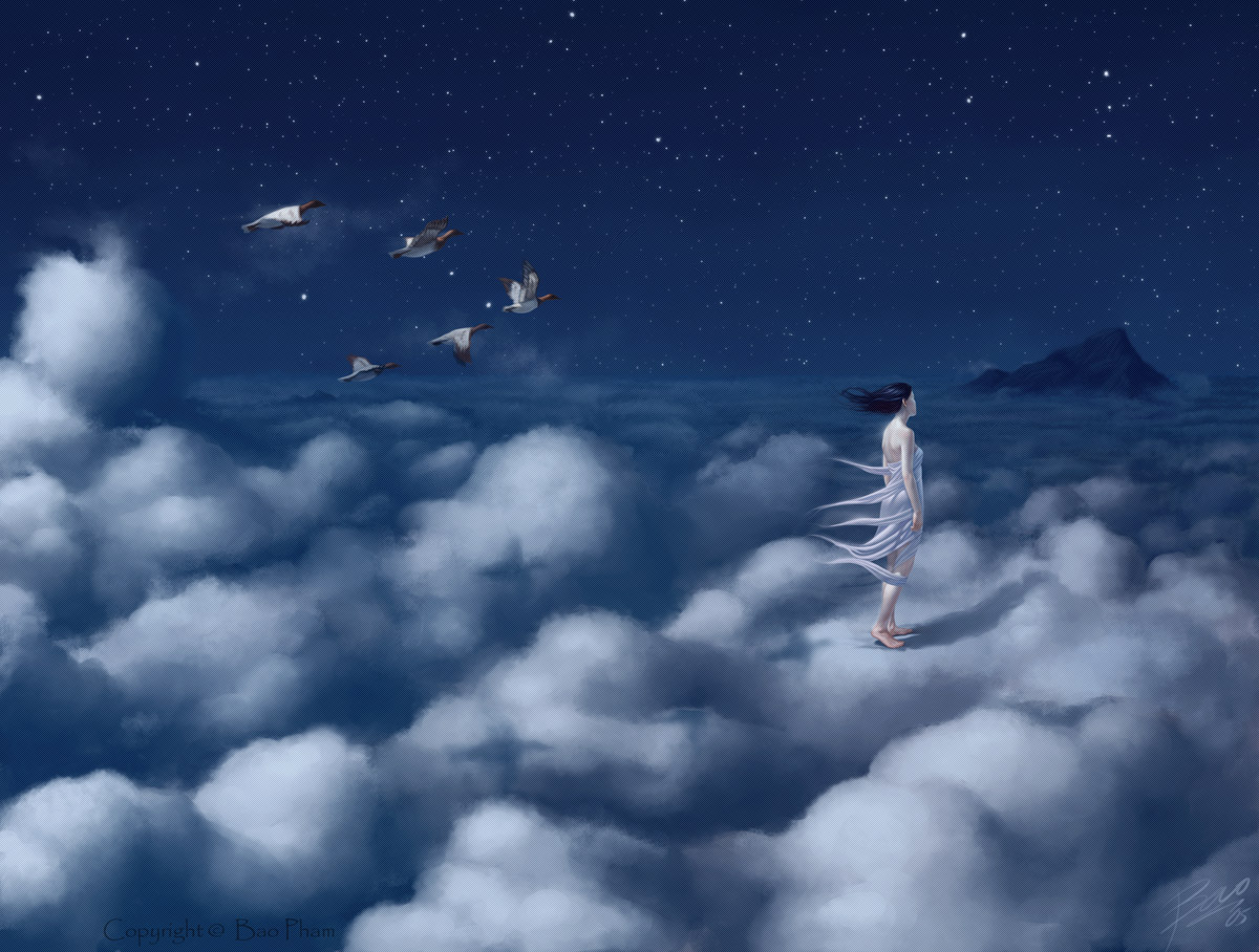 Сон навстречу. Полет в небе. Девушка летает в облаках. Человек на облаке. Полёт души.